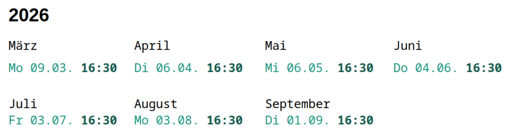 Grafik mit den Terminen der Treffen, die anschließend auch als Text angeführt sind.